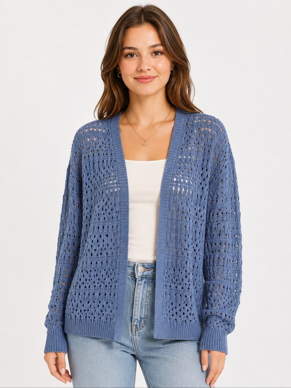 Market & Spruce Blue Open Knit Crochet Cardigan Sweater XS Oversized Cotton Blen